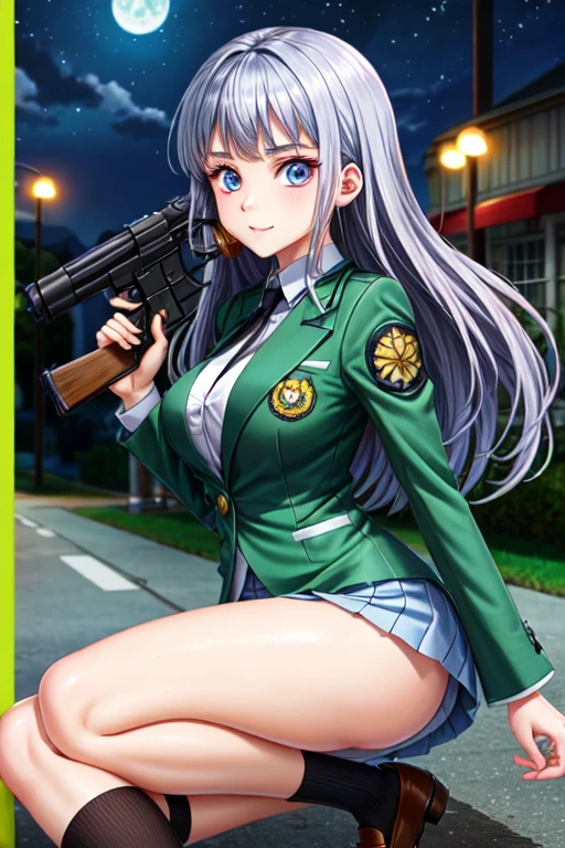 Highest quality、Ultra HD、One Woman、(Silver long hair 1.3)、(Green Blazer 1.3)、(White tight mini skirt 1.3)、(Black tie)、(Black Loafers 1.1)、((Shoot a gun 1.2))、(Large Breasts)、(Thighs)、(Black knee-high socks 1.2)、(Beautiful face with sharp eyes 1.2)、40-year-old woman、Slender body、(Night School Background 1.2)、((Clear and beautiful touch))