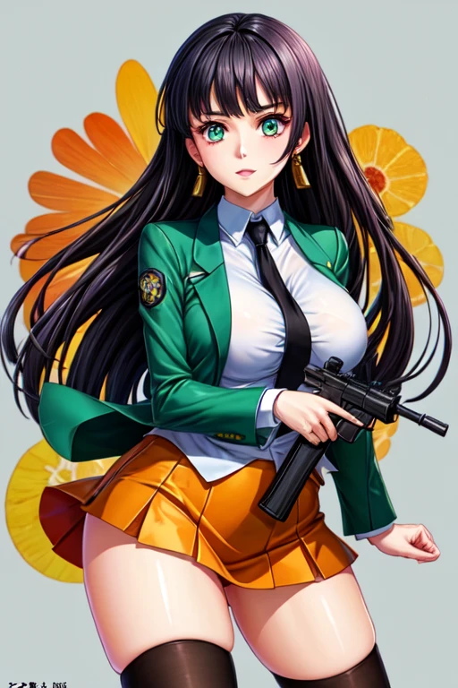 Highest quality、Ultra HD、One Woman、(Silver long hair 1.3)、(Green Blazer 1.3)、(White tight mini skirt 1.3)、(Black tie)、(Black Loafers 1.1)、((Shoot a gun 1.2))、(Large Breasts)、(Thighs)、(Black knee-high socks 1.2)、(Beautiful face with sharp eyes 1.2)、40-year-old woman、Slender body、(Night School Background 1.2)、((Clear and beautiful touch))