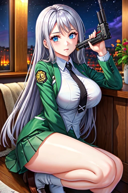 Highest quality、Ultra HD、One Woman、(Silver long hair 1.3)、(Green Blazer 1.3)、(White tight mini skirt 1.3)、(Black tie)、(Black Loafers 1.1)、((Shoot a gun 1.2))、(Large Breasts)、(Thighs)、(Black knee-high socks 1.2)、(Beautiful face with sharp eyes 1.2)、40-year-old woman、Slender body、(Night School Background 1.2)、((Clear and beautiful touch))