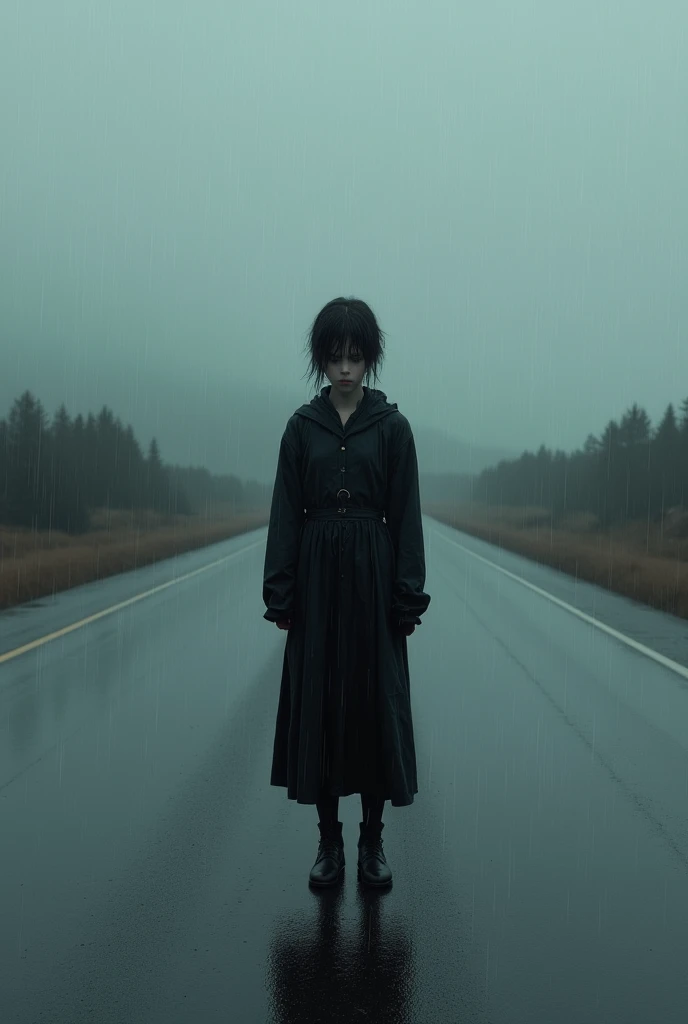 Lonely emo in the middle of highway while raining