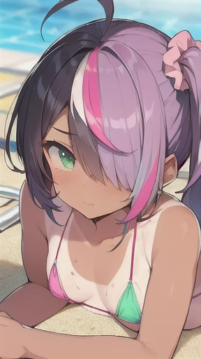 (((scrawny))),(Wheat skin),(Dark Skin),((high school student)),((tanlines)),(side ponytail,ahoge,One eye is covered by hair),((Purple Hair)),(fluorescent pink streaked hair),(Green Eyes),Slanted Eyes,BREAK,(Micro Bikini,latex,),Poolside,Scrunchie,((Lying))Low - Angle