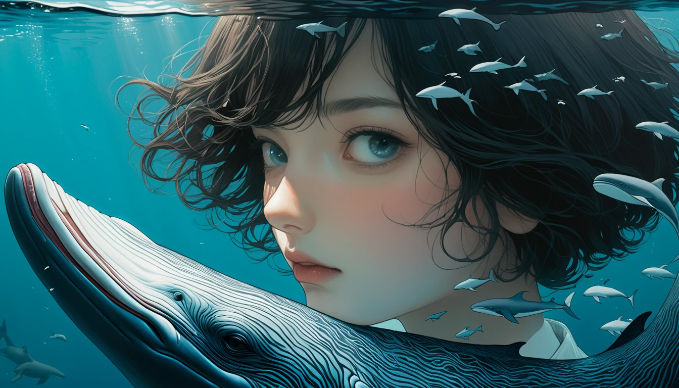 An illustration、art、Horror, Supervised by Junji Ito、Attention to detail, Realistic shadows、Analog Style, chromatic aberration, Surrealism、whale