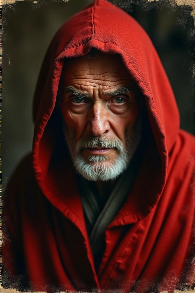 An image that imitates, including defects, the aesthetics of photographs from the 20s/30 of an older man wearing a red hooded robe