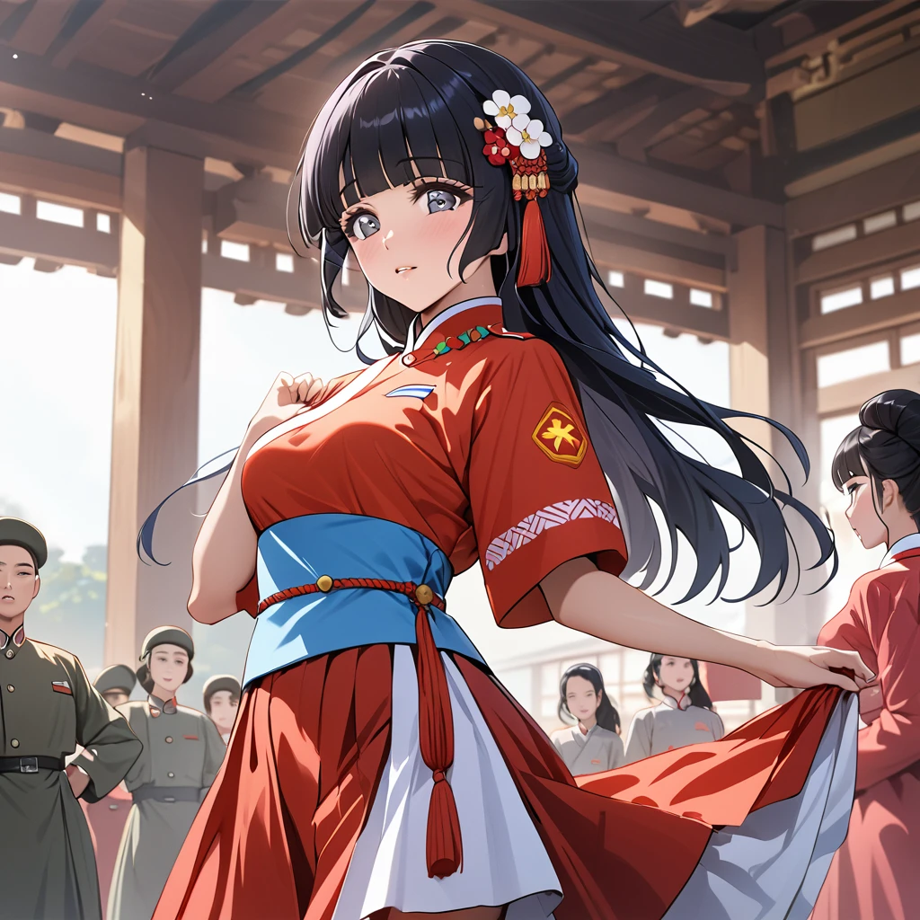 ((Highest quality)), ((masterpiece)), (detailed), (Perfect Face)、The woman is Reika Aoki with semi-long hair、The woman is a member of the North Korean Pleasure Squad and is dressed in North Korean national costume and performing a dance for the general.