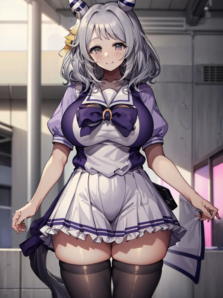 (((masterpiece))), ((Highest quality)), 1 person, One Woman, alone,Glowing Skin,(Bust Shot),hishi miracle, horse ears, hair ornament, horse tail, tracen school uniform, purple shirt, puffy short sleeves, white skirt, white thighhighs, Gray Hair, Yellow Eyes、Detailed Eyes, (((Very large breasts)))、(Thick legs),smile、