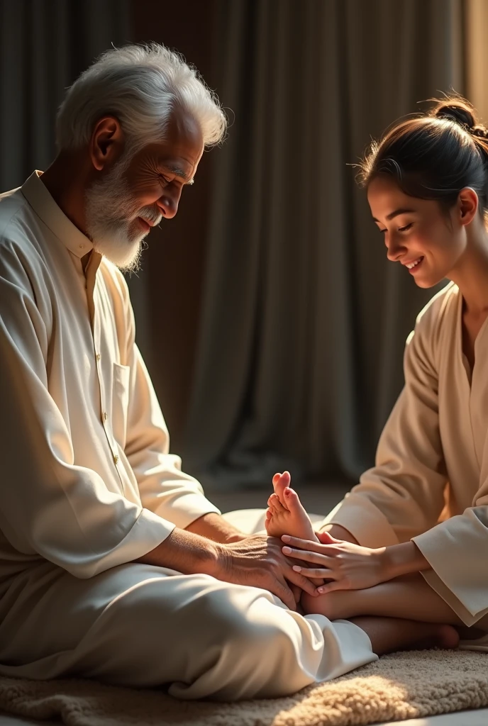 A girl of 20 massage the man of 50 year on his legs, she put her hands on man feet, girl wear qameez and shalwar,