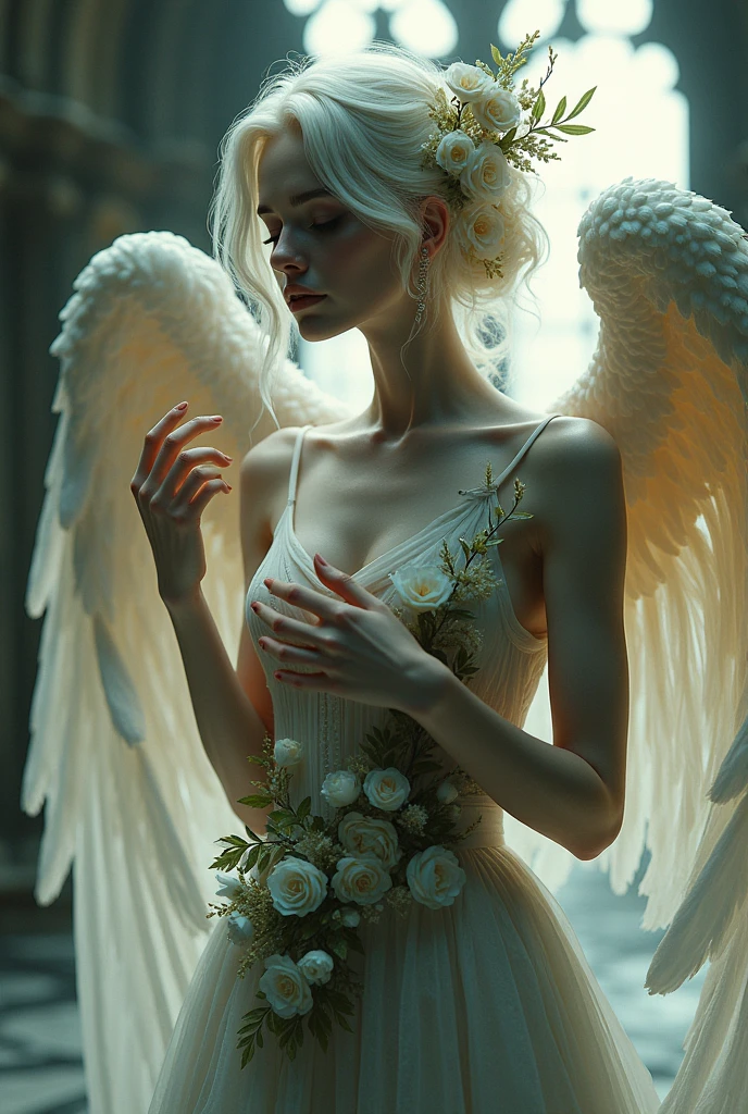 a beautiful angel of flowers, Futuristic Gothic style, extremely detailed face and body, anime-inspired, photorrealistic, cinematic lighting, intricate floral patterns, ethereal wings, dramatic pose, temperamental core palette, Volumetric light effects, hyper-realistic textures, ornate gothic architecture, digital art stunning
