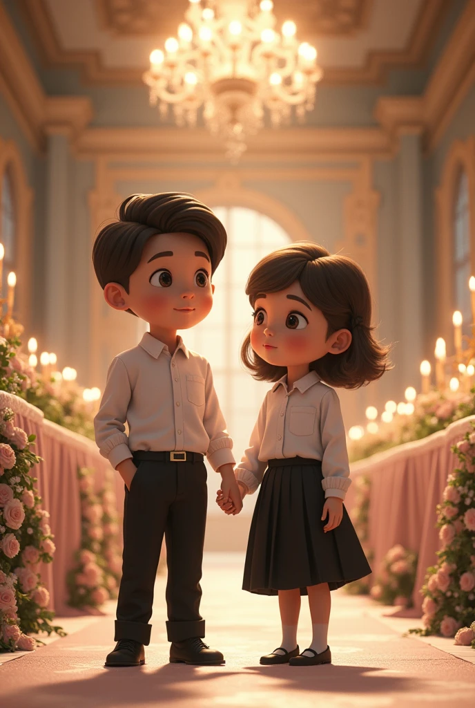 one boy wearing white shirt and black pant and one girl wearing white shirt and black pant and background of wedding 