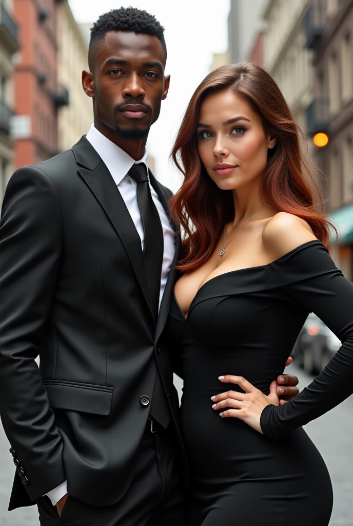 A couple formed by a young black man with fine features, straight hair cut low, thin moustache, super tall stature, thin but with a muscular body, wearing formal clothes and an extremely white woman, greeneyes, short stature, super wide body with very wide hips and huge glutes, Waist slender. Wearing a long dress with long sleeves covering her arms. Wavy hair in light brown with a hint of red. They are both in New York.