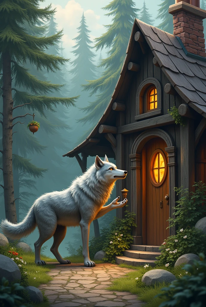 A wolf standing knocking on grandma's door