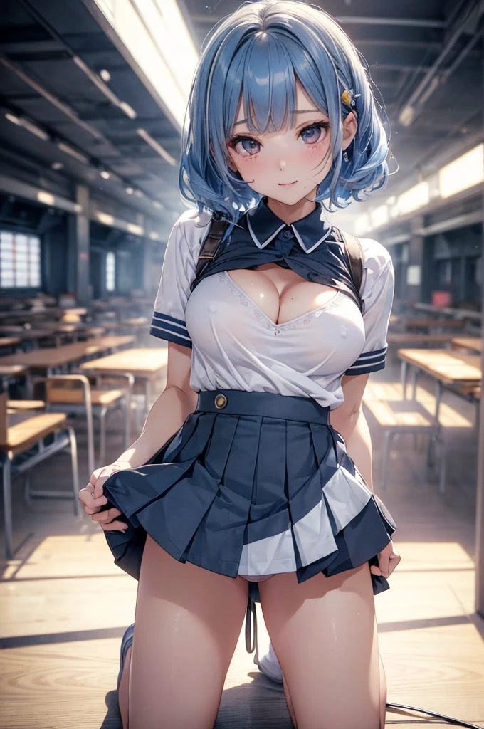 (chibi:1.3)、Absurd, Super detailedな,(In 8K:1.3),Masseter muscle area,(masterpiece:1.2)、(Highest quality)、4K、Super detailed、(Movement Structure:1.4)、(Shining Lights、Atmosphere lighting), High resolution, Best Quality、(One person:1.4),Super detailedな,Bright colors、Treebreak Production Art、(Warm color light source:1.2),High-level image quality、Fine image quality、Intricate details,Volumetric Lighting,Realism BREAK、Profile、 Very beautiful face and eyes, Beautiful images、 Idol face、、(Baby Face:1.4)、natural make up、big eyes、(Big Tits:1.4)、(cleavage :1.3)、(glossy skin :1.5)、 (Schoolyard:1.5)、(kneeling down pose:1.4)、(light blue hair,short hair、blunt bangs、wavy hair、hairpin:1.2:1.2)、(white、detailed clothes features、T-Shirts、skin tight:1.4)、(detailed clothes features、mini skirt:1.2) (smirk:1.3), (petite:1.4),(detailed clothes features、fullback panties:1.4),(Spread legs:1.4),(shoot from behind:1.5)、nice butt、(from below:1.2),(to lift up one’smini skirt:1.4)