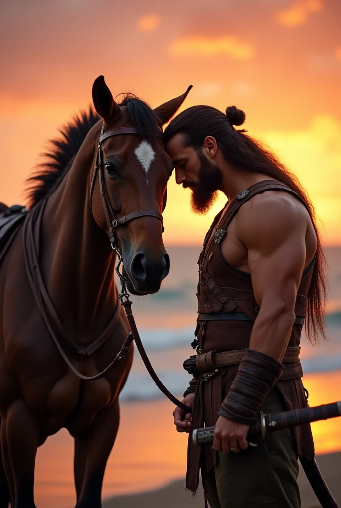 Create a highly detailed, cinematic image of a strong, muscular warrior with long hair tied into a bun and a mustache. He is wearing a traditional warrior outfit, including a leather chest plate and arm bands. The warrior is standing on the beach during sunset, facing a large black horse. The horse and the warrior are close, with their foreheads touching in an intimate, respectful moment. The warrior is holding the horse's reins gently, while his other hand rests on the hilt of a sheathed sword at his side. The background showcases a calm ocean with soft waves, bathed in the warm hues of an orange-pink sunset.