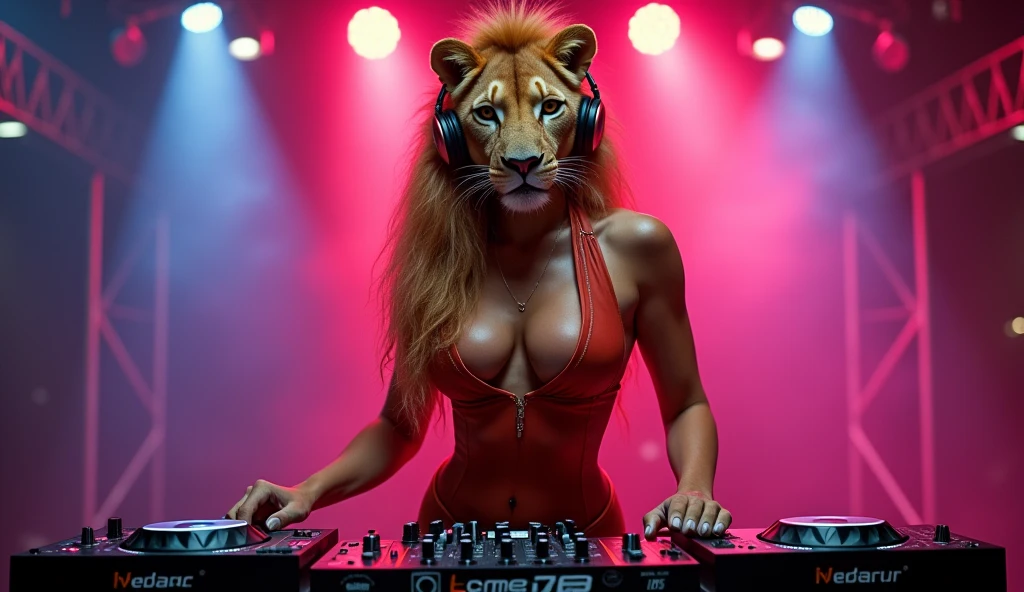 A highly detailed and realistic image of a stunningly beautiful and seductive lioness DJ. She has sleek, smooth fur with a golden hue, and her body is curvaceous and alluring. The lioness is wearing stylish, revealing DJ attire that accentuates her sexy, elegant figure. Her eyes are captivating, with a sultry gaze, and she wears high-end headphones. She’s confidently standing behind a state-of-the-art DJ mixer, with one paw on the controls, surrounded by vibrant lights in a dynamic club setting. The scene captures her powerful, seductive presence as she effortlessly commands the crowd with her sexy and confident vibe.”