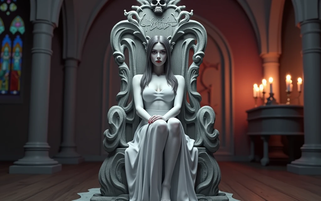 A captivating and high-quality 3D render of a dark fantasy scene featuring a beautiful woman with long, dark hair and piercing eyes. She sits majestically on a twisted, dark wood throne, intricately carved and adorned with a sinister skull atop the backrest. The font, Niagara Engraved, is elegantly written in silver metallic, spelling out the name "MORTHISHA." The dimly lit gothic room, with its stained glass windows, casts an eerie glow, while the chilling atmosphere and sinister aura draw the viewer into this mesmerizing, cinematic world. This 3D render is perfect for a poster or a movie still, showcasing the cinematic quality of the image.