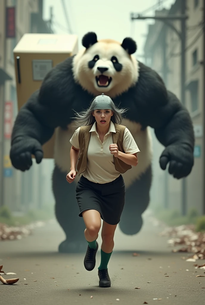 ((Highest quality)), ((Grey pigeon-headed woman screams)), (Angry Giant Panda), A giant panda carrying a refrigerator in both hands chases after you., A woman with a grey pigeon head is running as fast as she can to escape a giant panda, A grey pigeon-headed woman is wearing an off-white collared short-sleeved shirt, a light brown vest, a knee-length black skirt, dark green socks and black shoes., Muscular grey pigeon-headed woman, Photorealistic images,