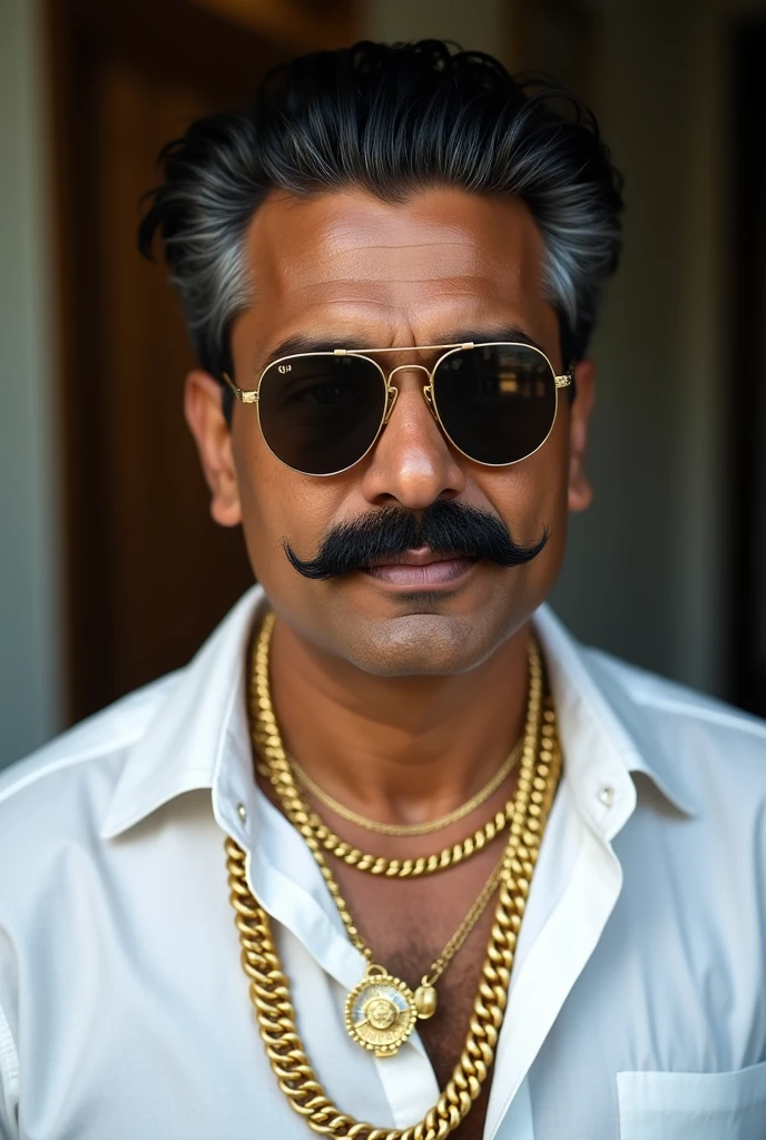 A brown Indian man age of 40 years with black mustache and clean shaved face with lots of gold chains in neck in a white shirt with black sunglasses hair style will be front side to below side