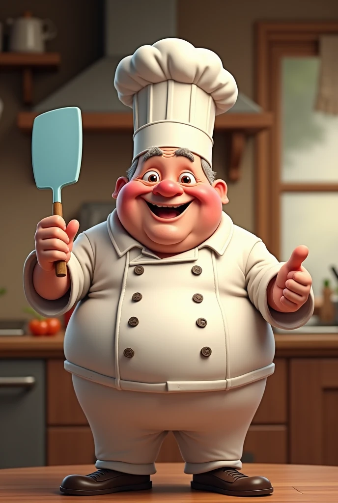 an joly fat chef grandpa with light blue spatula