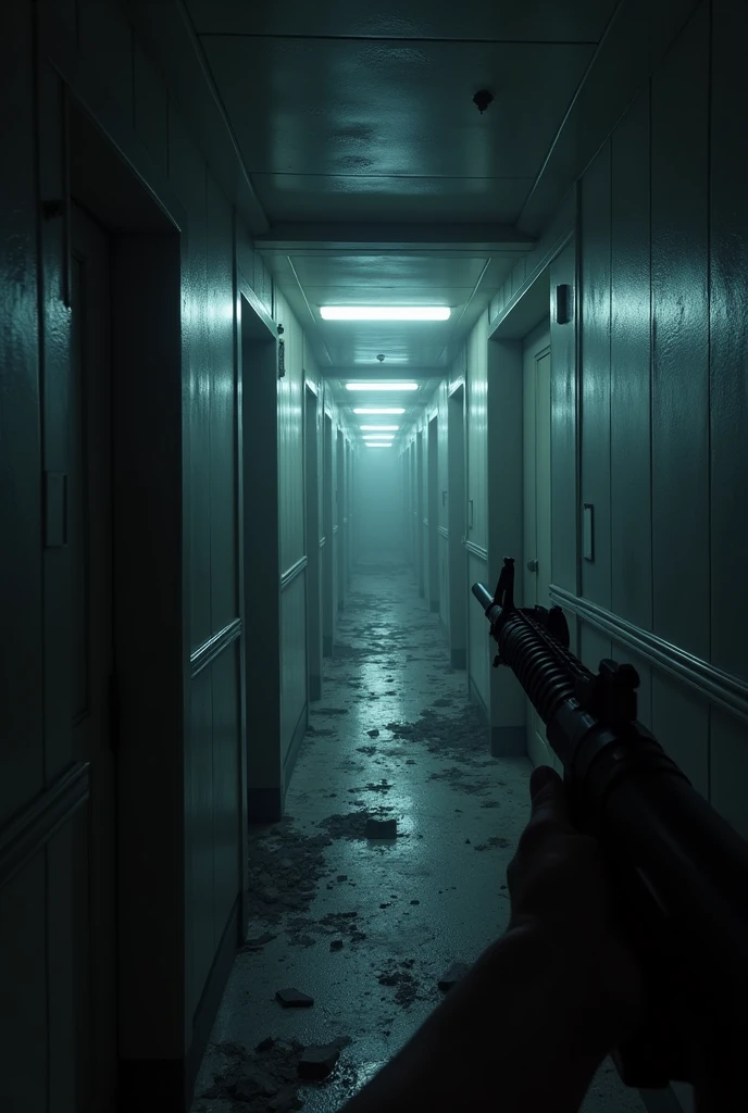 Abandoned cruise ship view from inside, FIRST PERSON POINT OF PERSON POINT Police officer only visible arms with an M4 in his hands walking through the corridors, evening mood, find 2 survivors 