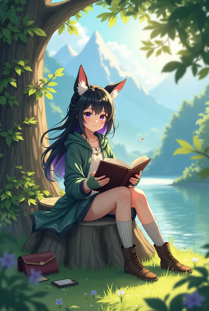 masterpiece, best quality,, 1 Girl, sit, animal, animal ears, bird, Black_hair, Book, Bookmark, Branches, Gloves, Grass, green hair, Keep, Keep Book, hood, hood down, leaf, Looking at the audience, multicolored hair, oPen_Book, partially fingerless Gloves, Pen, plant, pouch, 鹅毛Pen, read, sit, Smile, Solitary, Tail, Tree, Tree stump,, Sky, sun, Mountain, forest, lake