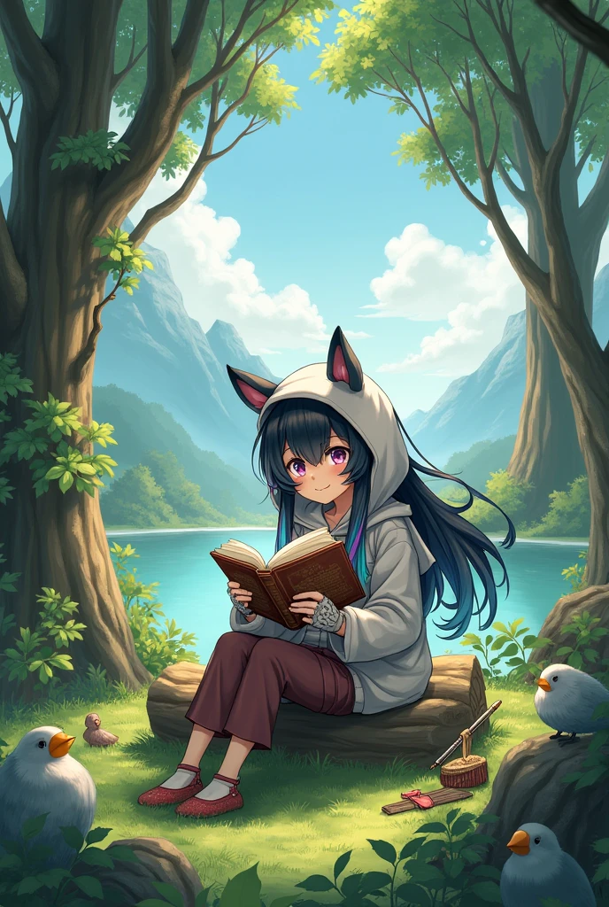 masterpiece, best quality,, 1 Girl, sit, animal, animal ears, bird, Black_hair, Book, Bookmark, Branches, Gloves, Grass, green hair, Keep, Keep Book, hood, hood down, leaf, Looking at the audience, multicolored hair, oPen_Book, partially fingerless Gloves, Pen, plant, pouch, 鹅毛Pen, read, sit, Smile, Solitary, Tail, Tree, Tree stump,, Sky, sun, Mountain, forest, lake