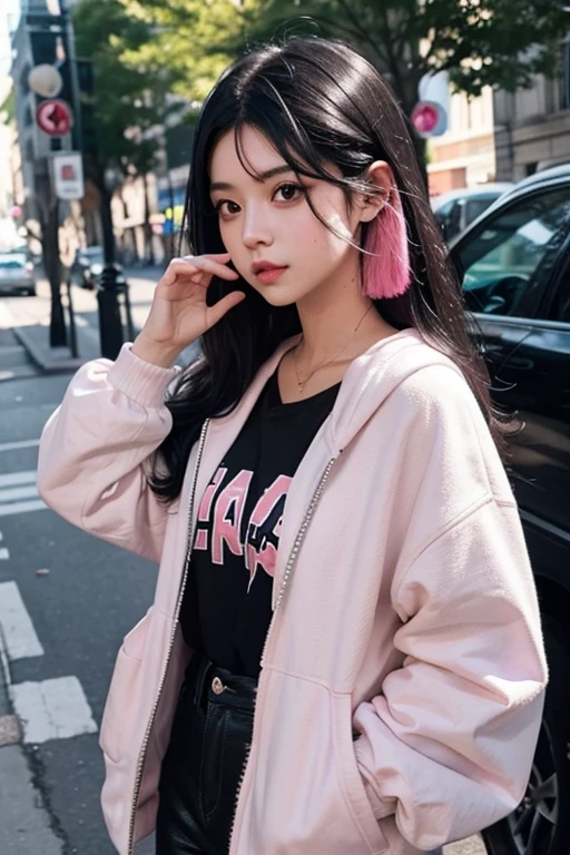 Girl with half black hair with pink tips and black eyes