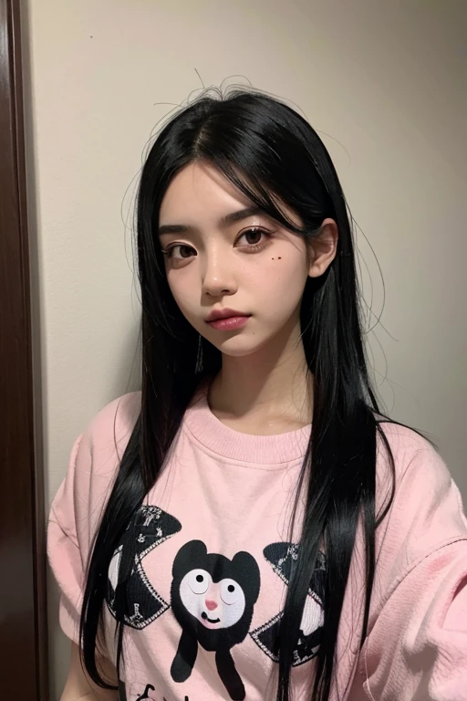 Girl with half black hair with pink tips and black eyes