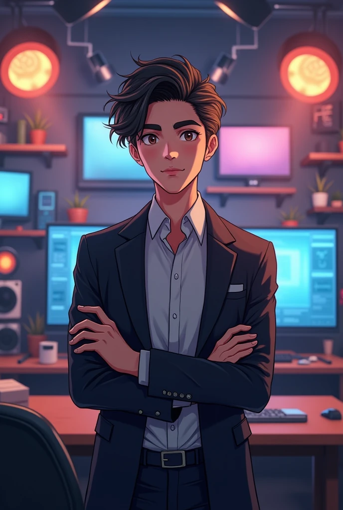 Make Anime character who is smart handsome setting in his YouTube studio 3D look