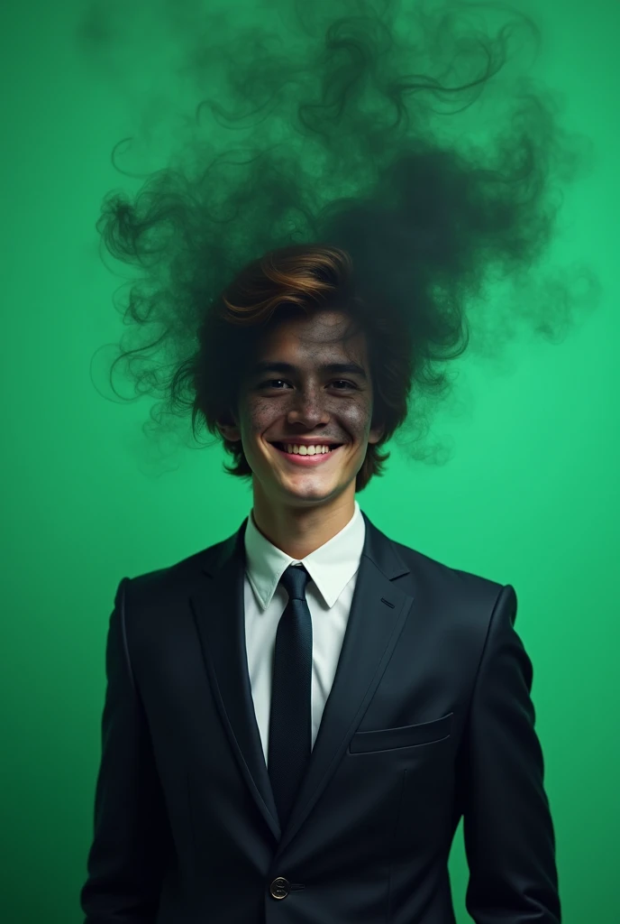 A portrait of a person wearing a suit, their face is unrecognizable, where the head would be just looks like dark particle smoke, green screen background, young man with brown hair smiling