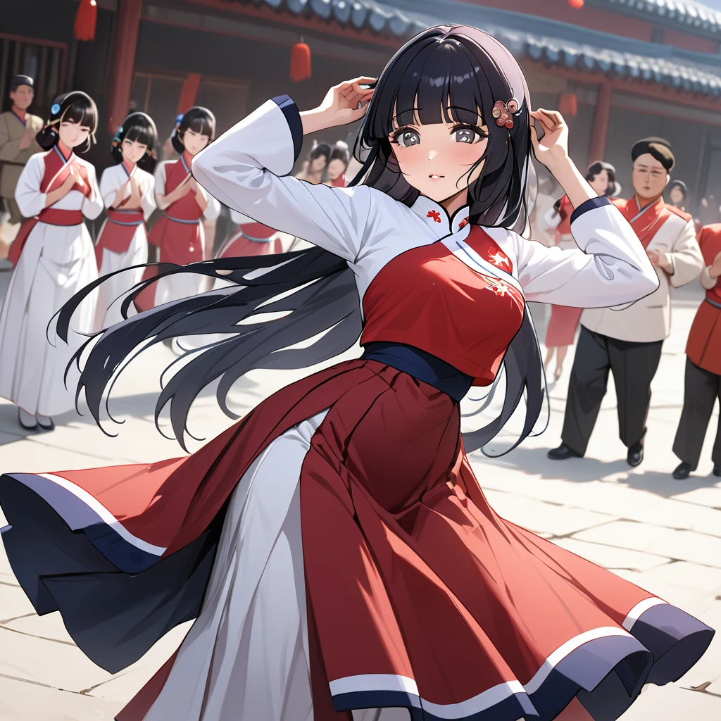 ((Highest quality)), ((masterpiece)), (detailed), (Perfect Face)、The woman is Reika Aoki with semi-long hair、The woman is a member of the North Korean Pleasure Squad and is dancing for the General, wearing the attractive North Korean traditional traditional Korean dress.