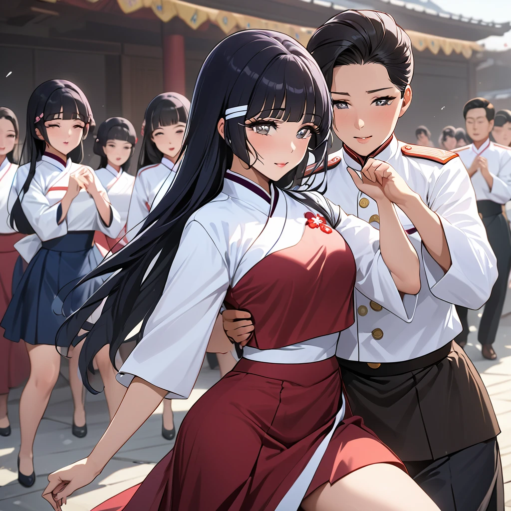 ((Highest quality)), ((masterpiece)), (detailed), （Perfect Face）、The woman is Reika Aoki with semi-long hair、The woman is a member of the North Korean Pleasure Squad and is dancing for the General, wearing the attractive North Korean traditional traditional Korean dress.