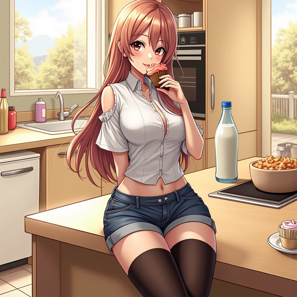 anime girl in a kitchen with a cupcake and a bottle of milk, seductive anime girl, extremely detailed artgerm, beautiful alluring anime woman, anime girl drinks energy drink, ig model | artgerm, , anime food, [ 4 k digital art ]!!, attractive anime girl, in the kitchen, anime girl, a human-like juicy peach