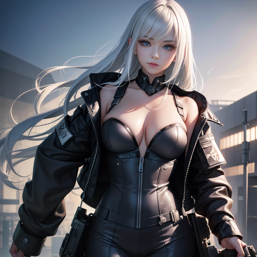 Highest quality、8kの傑作、超A high resolution、(Photorealistic:1.3)、Raw photo、1 girl、Silvery white hair、Glowing Skin、1. Cyberpunk Super Handsome Soldier、((Ultra-Realistic Details))、Portrait、Global Illumination、Shadow、Octane Rendering、8k、Super sharp、Beautiful breasts、Bare skin exposed in the cleavage、Metal、Cold colors、、Very intricate detail、Realistic Light、CG Association Trends、Beautiful Eyes、Shining Eyes、To the camera、Neon Details、