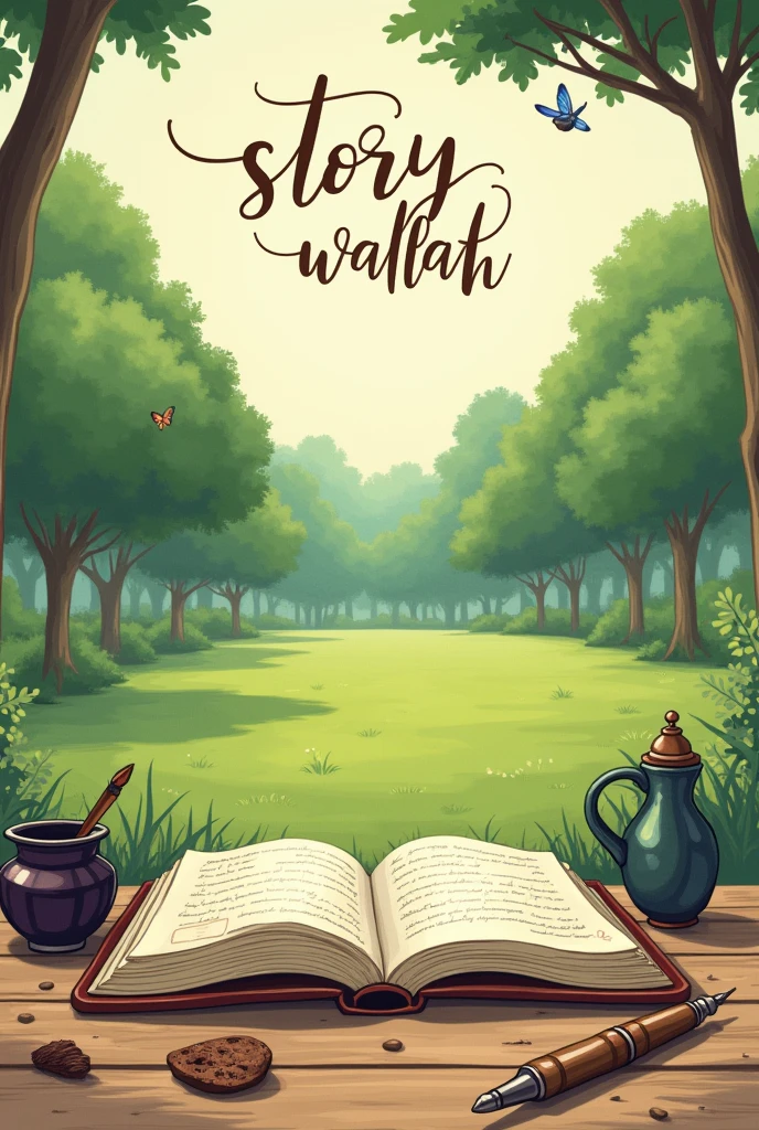 A pen and an inkpot and a book and agreen park in background write a name "Story wallah" on top