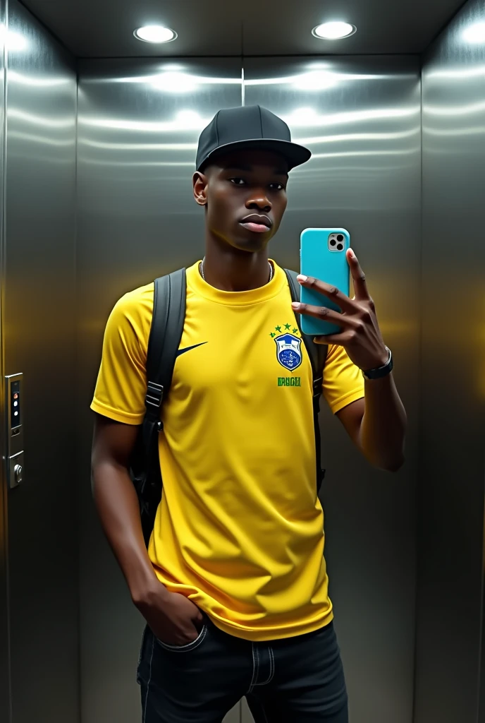 best qualityer:1.4), (ultra high resolution:1.2), (photorrealistic:1.4), (8k, CRU photo:1.2), 1 black man in his 20s, is wearing a Brazilian national team shirt, He's wearing a black cap, He is wearing black jeans. He's in an elevator taking a picture in the mirror.. Corte de cabelo buzzcut. thin build. Samsung case is baby blue. thin build. 1.75cm tall