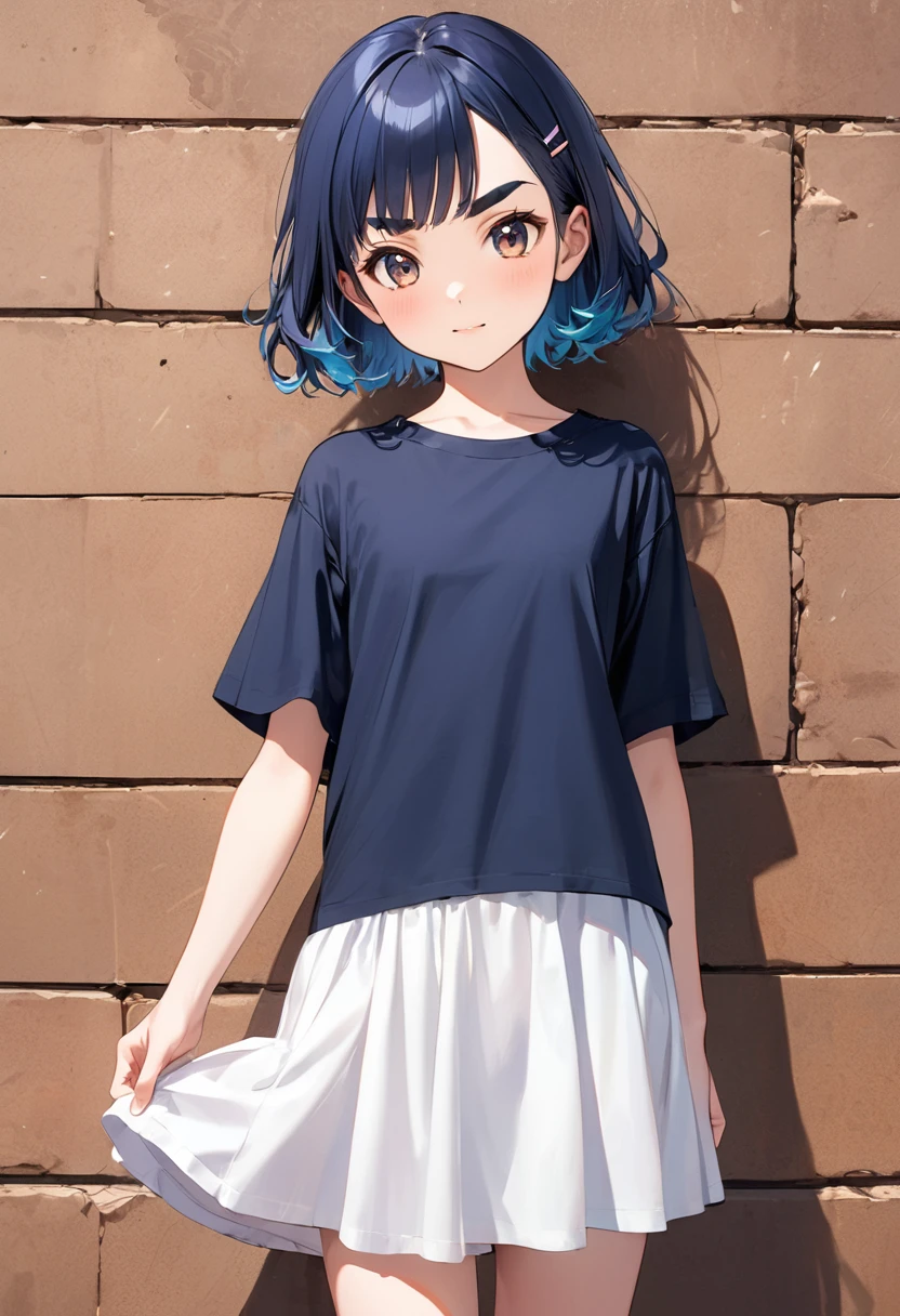 (masterpiece, best quality), (ultra highres, ultra-detailed),Fashion model girl, casual pencil-dress, she is smiling at the camera, model pose, white background, balanced blank space,Gravure photography studio, BREAK (girl,tween,(darkblue hair,wavy-short hair),middle thick eyebrows,middle small breasts),