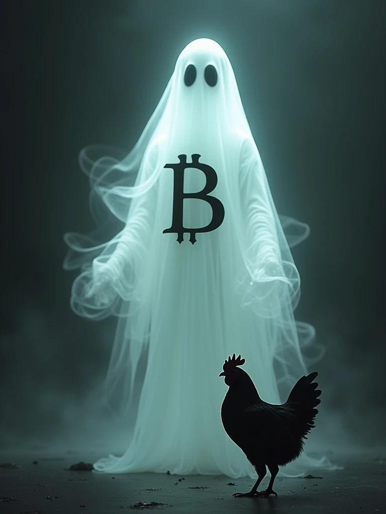 white ghost with the letter B on its chest calling a black chicken