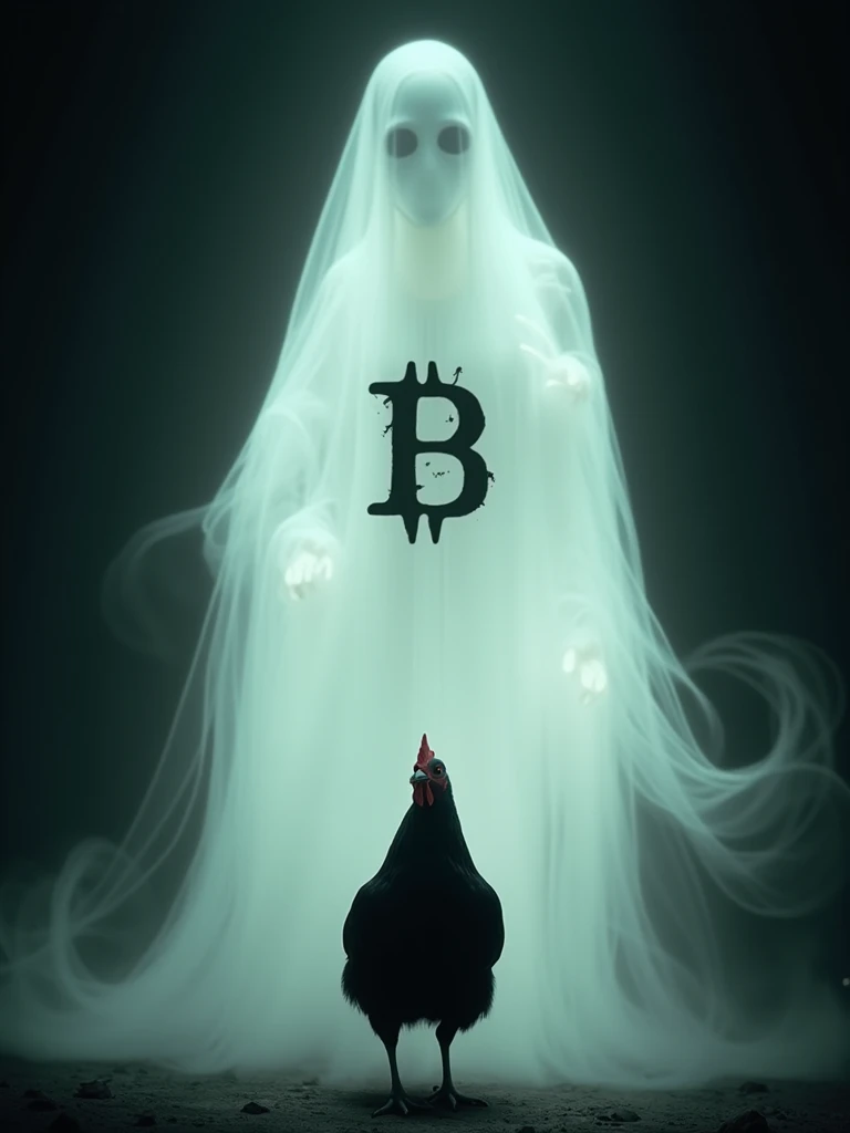 white ghost with the letter B on its chest calling a black chicken