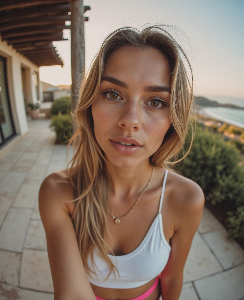 (5 mm fisheye lens) 1 woman, 23 y.o., American, Beautiful, ((upper body selfie)), Beautiful backlight, masterpiece, Best quality, ultra-detailed, only, sexy, Comfortable, clear sky, analog style (looking at viewer:1.2) (Skin texture) (film grain:1.3), (warm shade, warm tone:1.2), Close up, Cinematic light, Side lighting, Ultra-high resolutions, Best shadows, Upper half of body, Wearing sporty outfit (sports bra), Relaxed and intimate photos, Long blond hair, Outdoors, Landscapes of hotel room Ibiza, blurred background