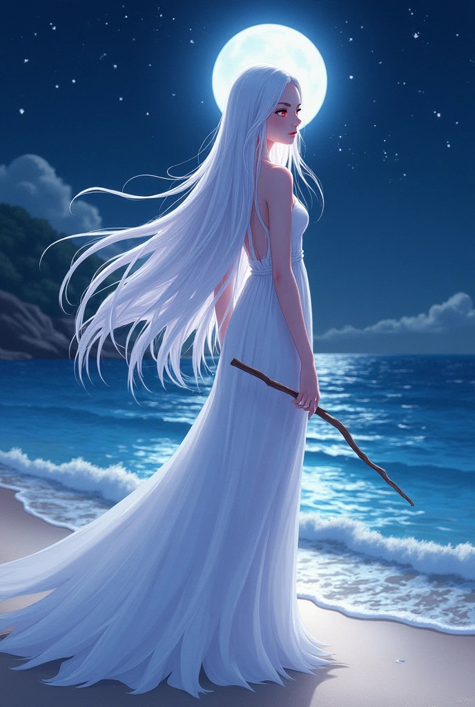 A white-haired woman with ruby red eyes and pure white skin, wearing Chinese style clothes, under the night sky on the beach. , anime art,Holding a stick