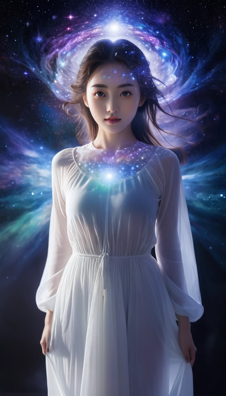 Floating,Highest quality, One person, Beautiful eyes, Looking at the camera(Show the whole body), universe,Mind Aura Cleansing,The whole body is purified,A beautiful woman with a beloved aura