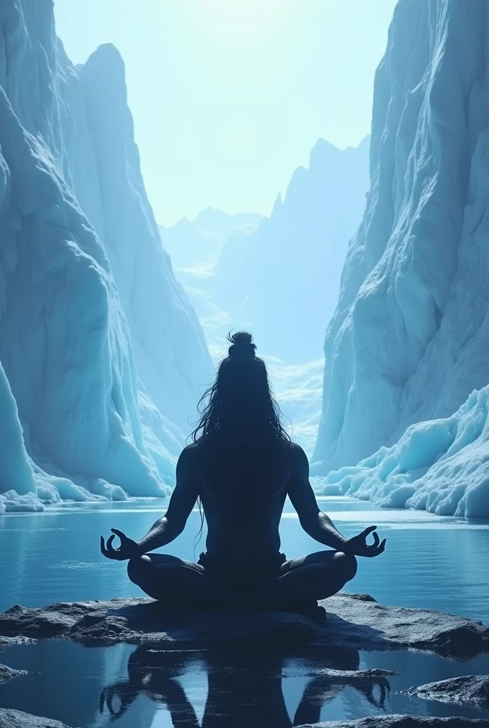 Silhouette image of Mahadev ji on a ice glaciers in meditation ,