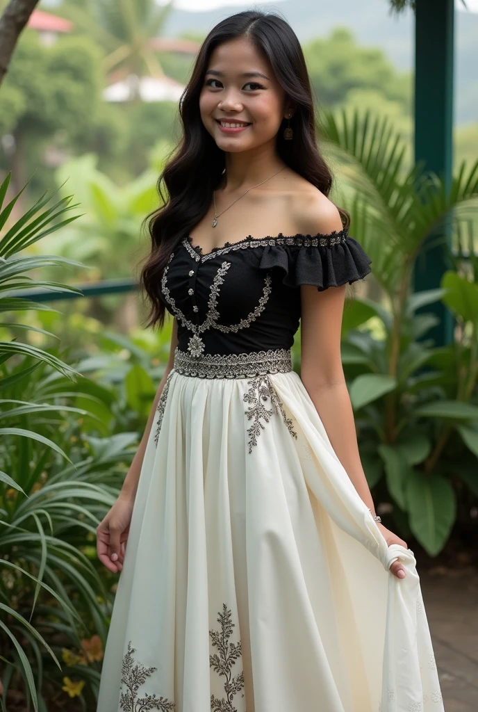 a girl, wearing a filipiñana that is a white skirt with the top as a black