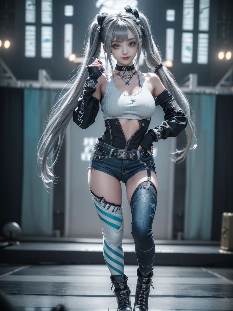 (Full Body View:1.2)、(Side view:1.1)、(Smiling with teeth showing:1.3),(Shibuya Gal:1.5)、(Gothic style fashion:1.5)、(Punk rock visual kei:1.5)、(Wearing a rhythmic gymnastics bodysuit with intricate details:1.4)、(Complex white racing suit and pants, Denim and turquoise decor:1.5)、(Denim and light blue and white boots:1.3)、((belt))、(A number of subtle logos are featured throughout the costume々:1.4)、(collar:1.3)、(Striped underwear:1.5)、20-year-old、Browsing Caution、((Highest quality、In 8K、masterpiece:1.3))、Sharp focus:1.2、(Layered Cut、Huge boobs:1.1),Beautiful woman with perfect figure:1.4、(Dance vigorously:1.3)、Slim Abs:1.2、Highly detailed face and skin texture、Detailed eyes、double eyelid,(Twin tails:1.3)、(Dark silver hair:1.3)、Idol Sculpture、(The background is the stage for a fashion show:1.3)、(The body is slim:1.3),(Slimming your legs:1.4),(clavicle:1.1)、(Thin and slim thighs:1.3)