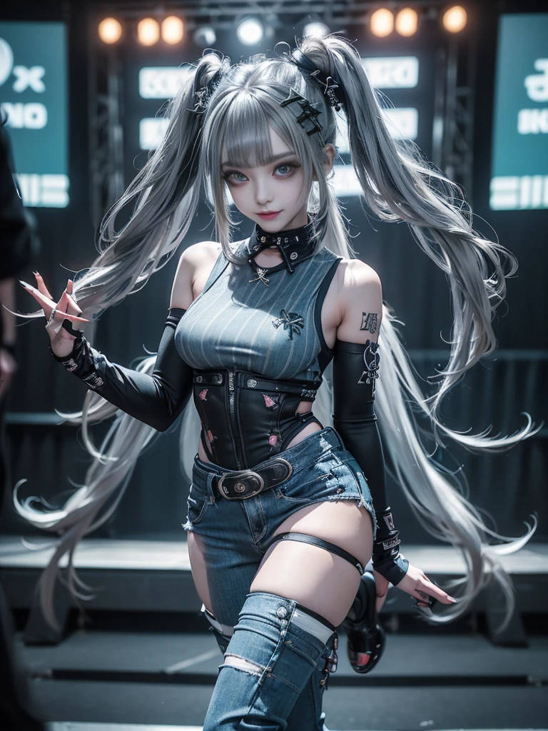 (Full Body View:1.2)、(Side view:1.1)、(Smiling with teeth showing:1.3),(Shibuya Gal:1.5)、(Gothic style fashion:1.5)、(Punk rock visual kei:1.5)、(Wearing a rhythmic gymnastics bodysuit with intricate details:1.4)、(Complex white racing suit and pants, Denim and turquoise decor:1.5)、(Denim and light blue and white boots:1.3)、((belt))、(A number of subtle logos are featured throughout the costume々:1.4)、(collar:1.3)、(Striped underwear:1.5)、20-year-old、Browsing Caution、((Highest quality、In 8K、masterpiece:1.3))、Sharp focus:1.2、(Layered Cut、Huge boobs:1.1),Beautiful woman with perfect figure:1.4、(Dance vigorously:1.3)、Slim Abs:1.2、Highly detailed face and skin texture、Detailed eyes、double eyelid,(Twin tails:1.3)、(Dark silver hair:1.3)、Idol Sculpture、(The background is the stage for a fashion show:1.3)、(The body is slim:1.3),(Slimming your legs:1.4),(clavicle:1.1)、(Thin and slim thighs:1.3)