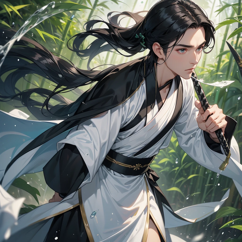 A Handsome black-hair male holding a large sword in white-black hanfu dress, close up.

The back is a lush green bamboo forest. The air after rain has water droplets splashing around.