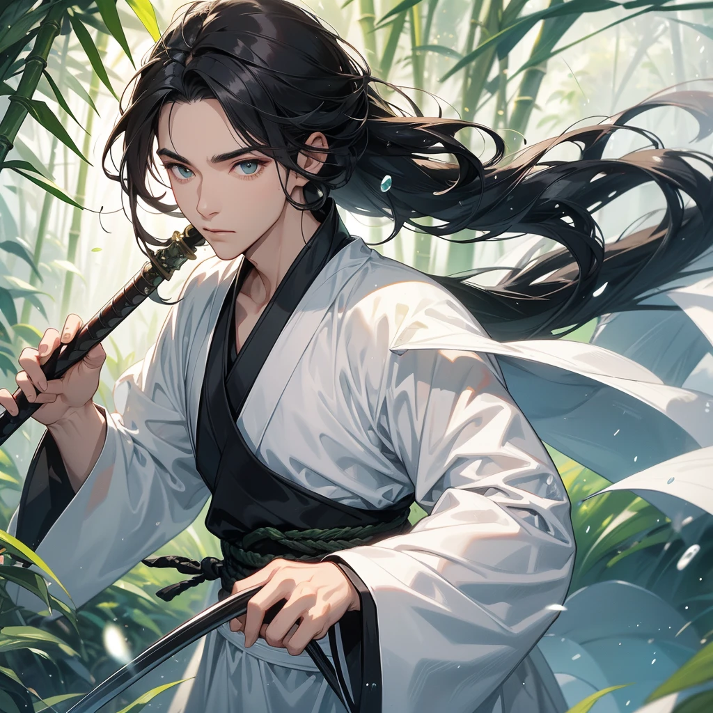 A Handsome black-hair male holding a large sword in white-black hanfu dress, close up.

The back is a lush green bamboo forest. The air after rain has water droplets splashing around.
