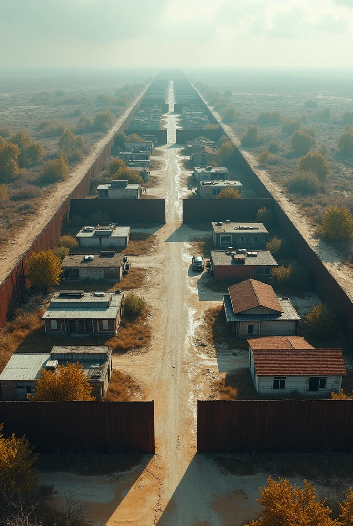 (photorealism:1.2), an american town in the post-apocalypse during the 2000´s. The small town is surronded by a rectangular wall made of scrapped metal. The town looks clean and safe, not affected by the end of the world. The world outside the scrapped metal wall is desolated, dead and abandoned. The weather is clean, giving the town a a feeling of hope in contrast with the devastated landscape of outside the wall. View from the sky, so the whole town can be seen.