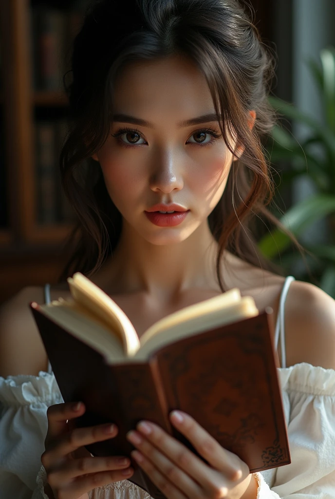 Beautiful woman hides part of her face behind a closed book