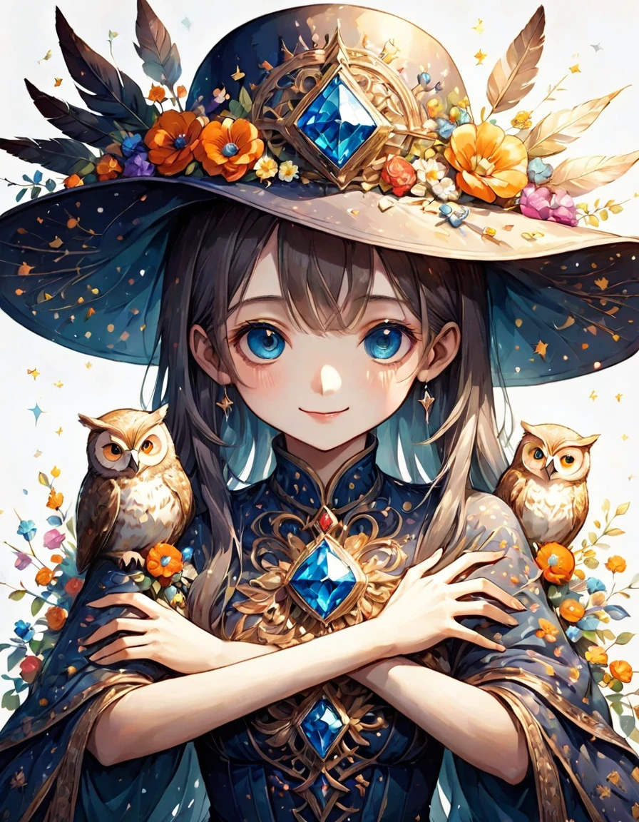 Highest quality、High resolution、(Beautiful face in every detail:1.4)、(Draw a picture to fit on the canvas:1.5)、Carefully draw your hands、Delicate hands、Elaborate hands、Anatomically correct、(Normal number of fingers:1.2)、(Highly detailed face)、Detailed eyes、大people、20Age、Perfect body line、Stand in the center、so beautiful、 (((Blank Background:1.5, No background:1.5, Background white:1.5)))、1people、(Upper Body:2.0)、woman、(smile:1.5)、Halloween、witch、The hat is very small、(deep blue:2.0)、(Medium-long straight hair:2.0)、(witchの帽子:1.5)、(owl1羽:2.0)、(1羽のとても大きいowl:1.5)、(owl1Being with the feathers:1.5)、(owlはwomanの体の手か前腕にとまってる:1.5)、(The hat only has flowers on it:2.0)、There are lots of flowers on the hat、Unexposed clothing、(リアルなowl:1.5)、まるで写真のようなowl、Change the design of the clothes、(Victorian dress:1.5)、Robe、Do a different pose、Blue clothes、(There is a big jewel on the hat:2.0)、Remove extra fingers、胸元にowlが止まっている、owl消さないで、(Arms crossed:1.5)、Change the design of the jewel on the hat、