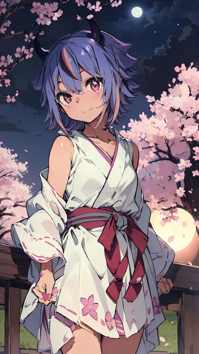 masterpiece, Highest quality, High resolution, Very detailed,(((Mikoto Naruka))), (((smile)))、(((Standing in the distance))), (((yukata))), (((night))), (((cherry blossoms))), (((full moon))), (((Multicolored Hair))), (((horn))), (((Pink Eyes)))
